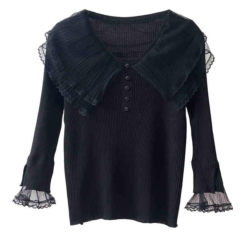 Lente Herfst Vrouwen Gebreide Pullover Tops Koreaanse Solid Color Kant Stiksels Slanke V-hals Sweater Top GD558 210506