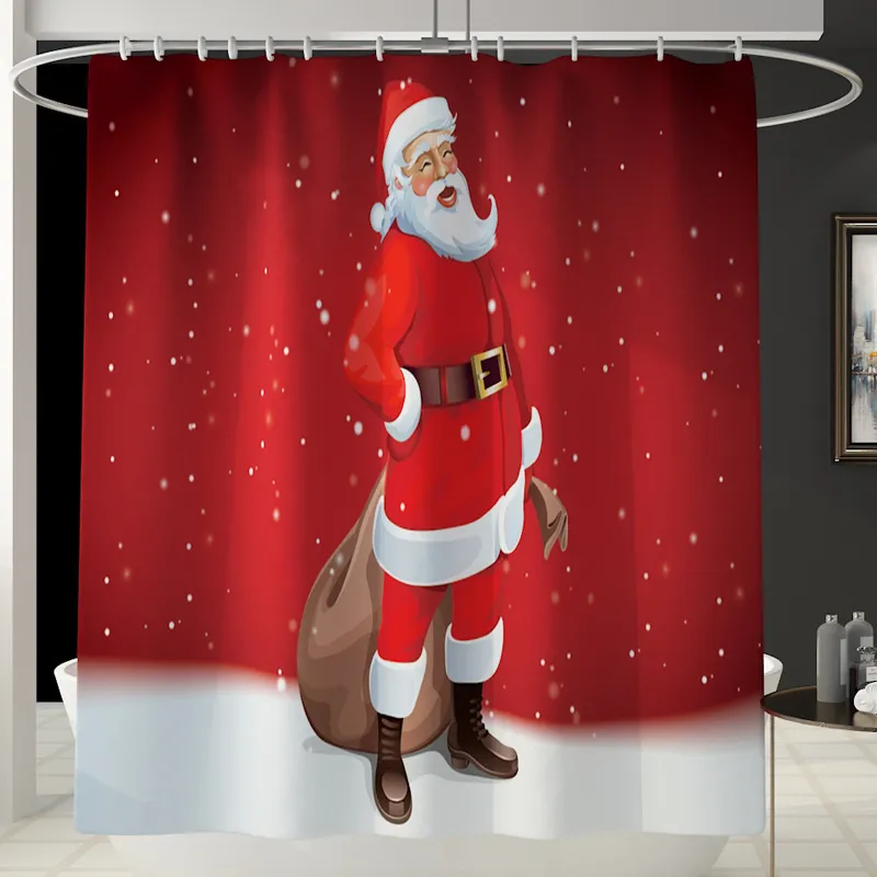 メリークリスマスバスルームスノーマンサンタクロースエルクパターン防水シャワーカーテンセットトイレカバーマットノンスリップラグ装飾3138260