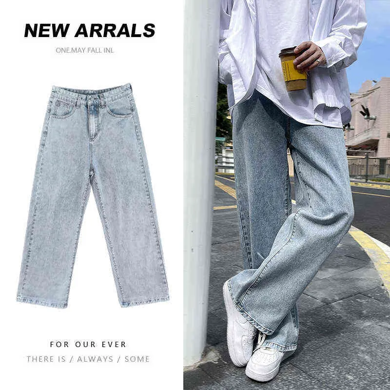 Vår och sommar tunna jeans män koreanska trend mångsidiga raka brett benbyxor lös ljus färg golv jean försäljning 211111