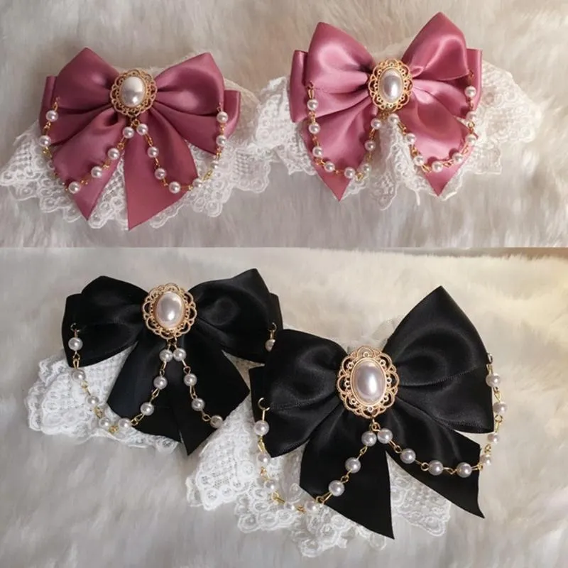 Polsini da polso a mano giapponesi Sweet Lolita Doppio strato Bracciale in pizzo floreale Bowknot Polsino Imitazione Catena di perle Gioielli Cameriera Te F175Q