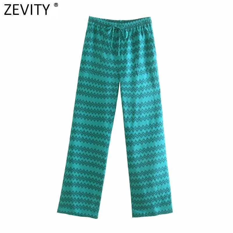 Zevity Kobiety Vintage Geometryczne Print Casual Proste Spodnie Kobiet Chic Elastyczny Talia Lace Up Kieszenie Letnie Długie Spodnie P1125 210603