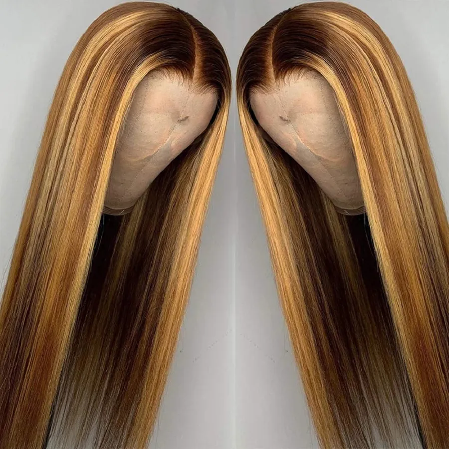 Wysokiej jakości 42 -calowe Brazylijskie włosy HD Bown Mixed Blonde 13x4 Peruka czołowa długie proste wyświetlenia koronkowe przedni perukę syntetyczną dla kobiet