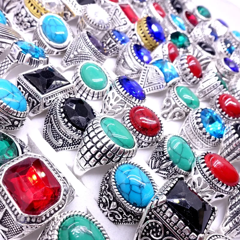 Whole Ring Mix Styles Antique Silver Plated Stone Glass Vintage Jewelry Rings for Men Women brand new drop Part336R
