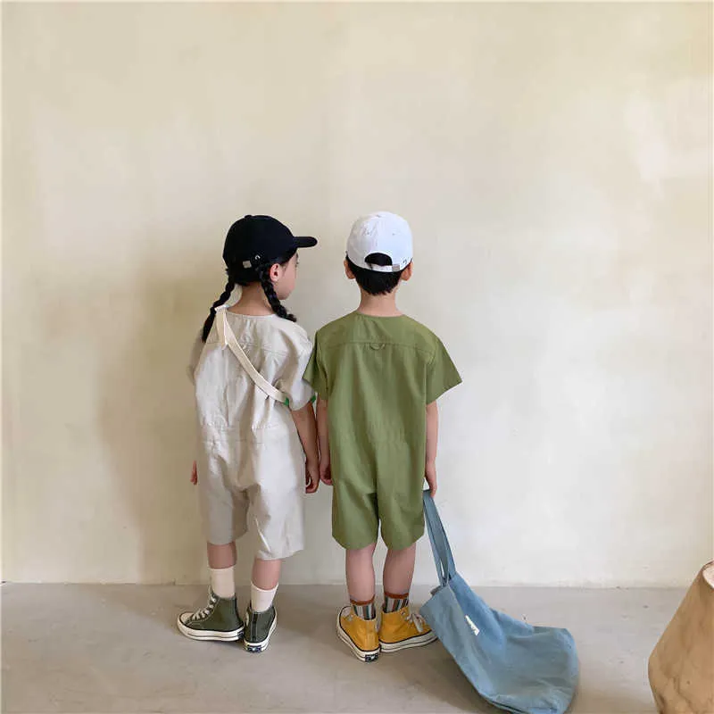 Корейский стиль детей мода унисекс сплошной цвет с коротким рукавом боди мальчики девочек негабаритные одно- кусочки одежды 210615