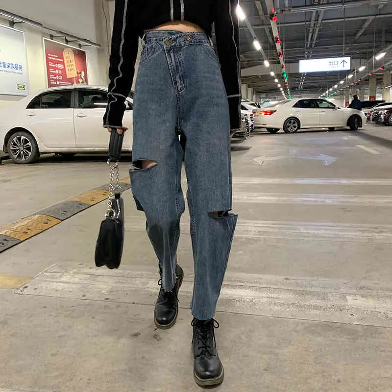 S-XL donna pantaloni jeans dritti larghi jeans in denim strappati stile bf pantaloni in denim a vita alta streetwear femminile 78615 210423