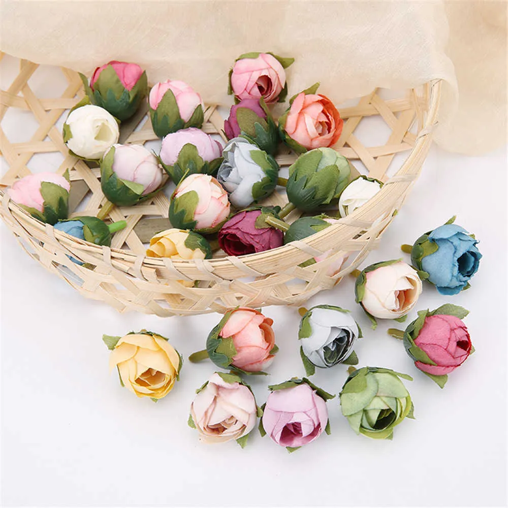 Vintage Artificial Silk Rose Tea Buds Flowers Bud DIY Crafts Wedding Room Decor Christmas Party New Year's Decorations Y0630
