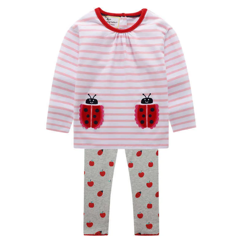 Hoppmätare Flickor Bomull Floral Långärmad Kläder Satser Stripe Baby Outfits för höst Spring Kids Flower Toddler Suits 210529