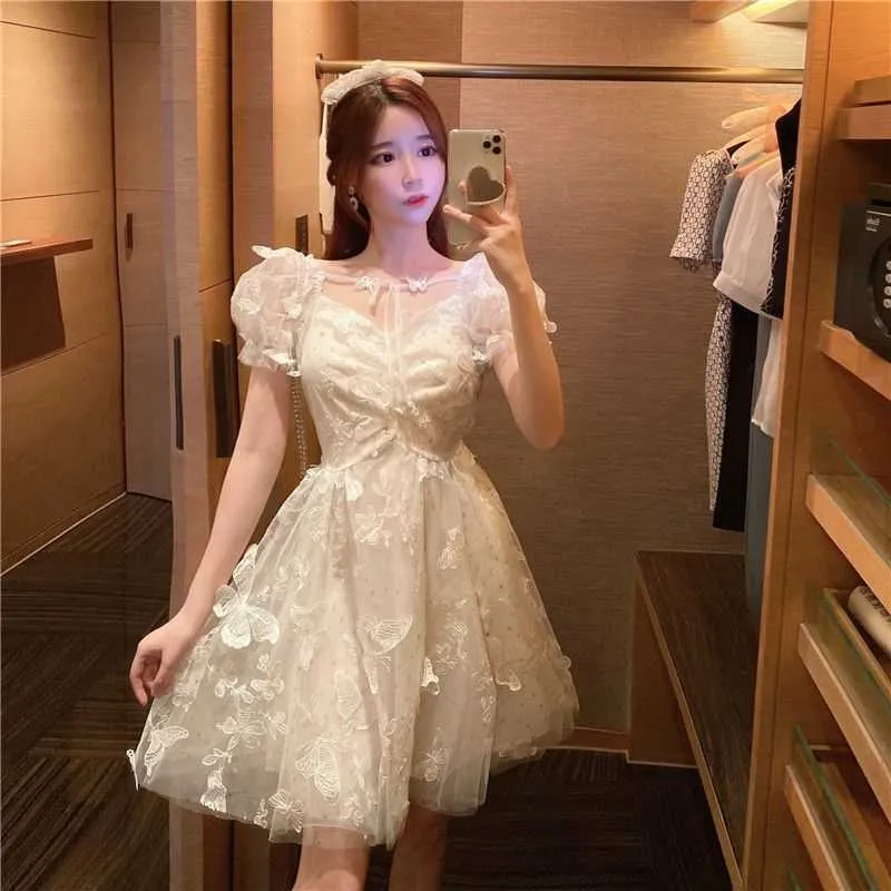 Sweet Puff Sleeve Fairy Dres White Mini Elegant Summer Mujer Sexy Mesh Japonés Coreano Diseñador Ropa 210604