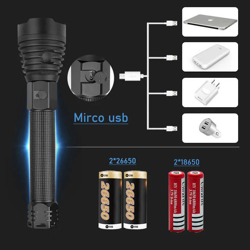 300000 lm 90.2 Mest kraftfulla LED -ficklampor USB 50 laddningsbara taktiska ficklampor 18650 eller 26650 Handlampan 70 2106085137796