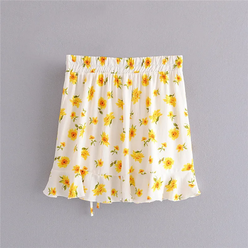 Moda de verano Vintage Cordón Impresión Slim Ruffled Short Mini Faldas para Mujeres Faldas Mujer 210508