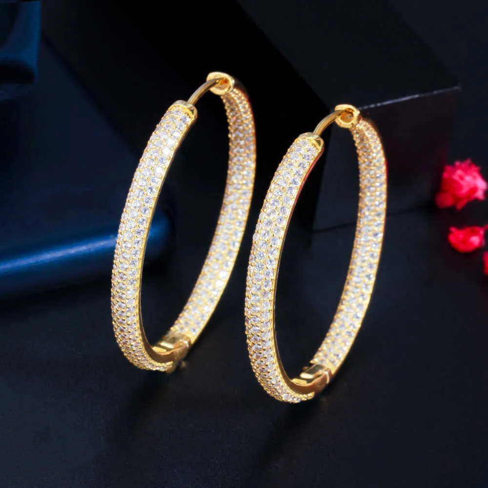 Stunning Double Sided Cubic Zirconia Big Circle Round Hoop Earrings for Women Trendy Gold Color Jewelery CZ843 210714