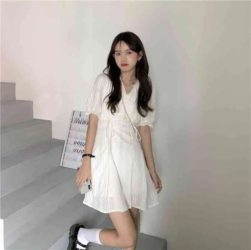 Ezgaga Women Dress Korean Fashion Summer Short Sleeve V-Neck Lace-up Solid Slim High Waist White Sweet Chic Ladies Vestidos 210430