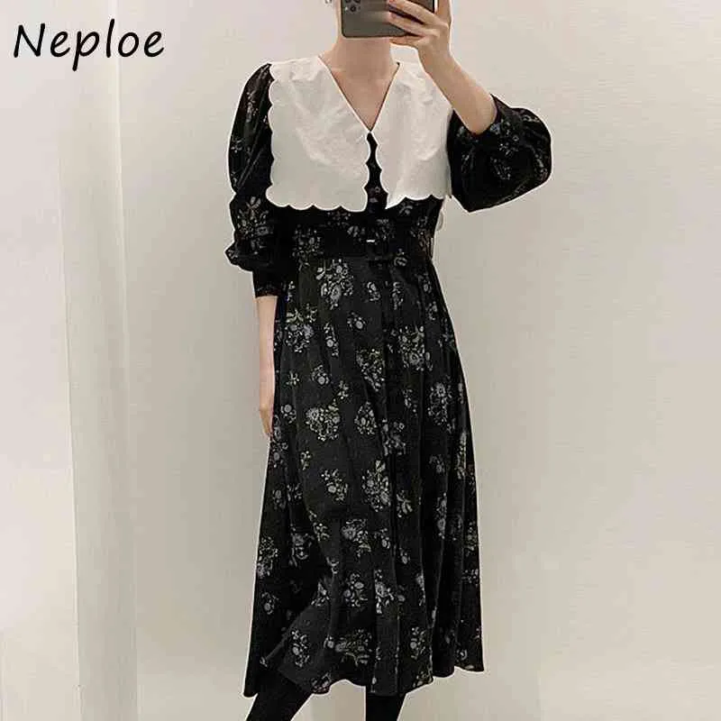 Hit Color Patch Vintage Big Turn Down Collar Dress Donna Vita alta Hip A Line Abiti Pullover Manica lunga Stampa Robe 210422