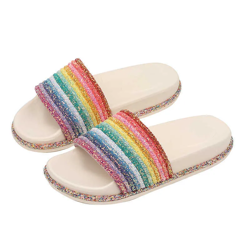 Zapatillas Mujer Verano Arco Iris Lentejuelas Zapatillas Chanclas Exterior Sandalias y Zapatillas Fs21s69 Q0508