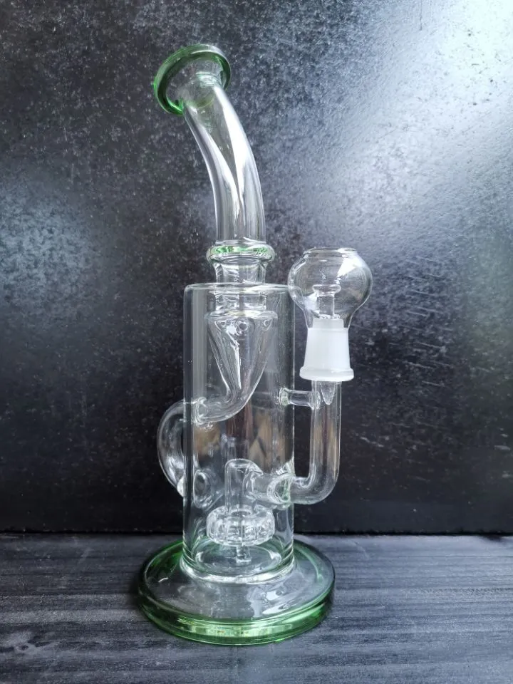 Bong 9.5 Inch tall oil burner dab rig glass oil rigs recycler smoking water pipe clear green joint size 14.4mm glass recycler oil rig cheechshop selling