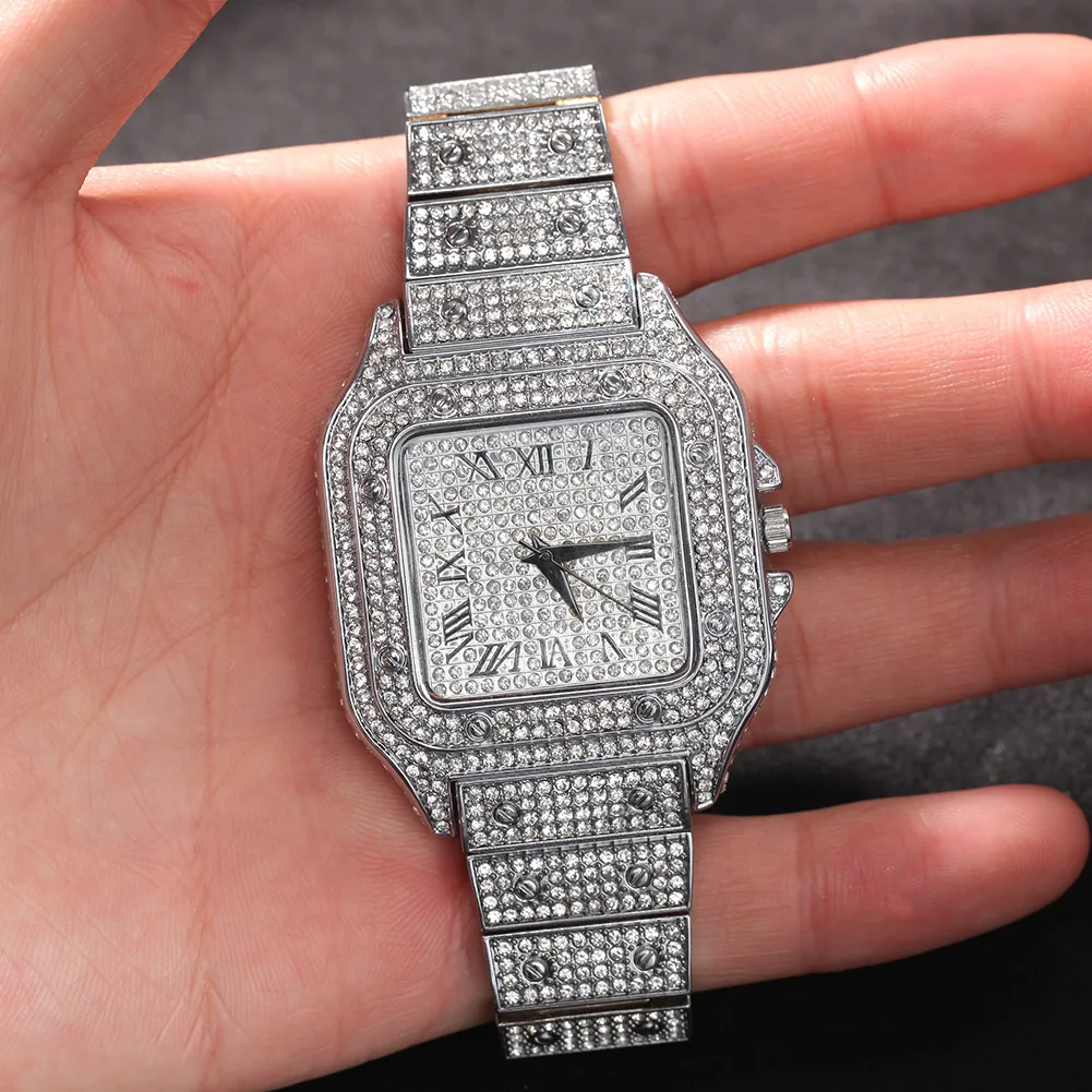 Hip Hip Hop Trend Square Watch 316L Rostfritt stål Väska Täck Full Diamond Crystal Strap Watches Quartz handledsklockor PU293W