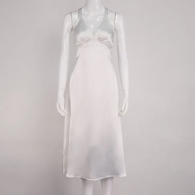 Kadın Saten Seksi Lace Up Kayış Geri Bandaj V Boyun Backless Beyaz Midi Elbise Y2K Yüksek Bel Yarık Rahat Parti Kulübü Giymek 210517