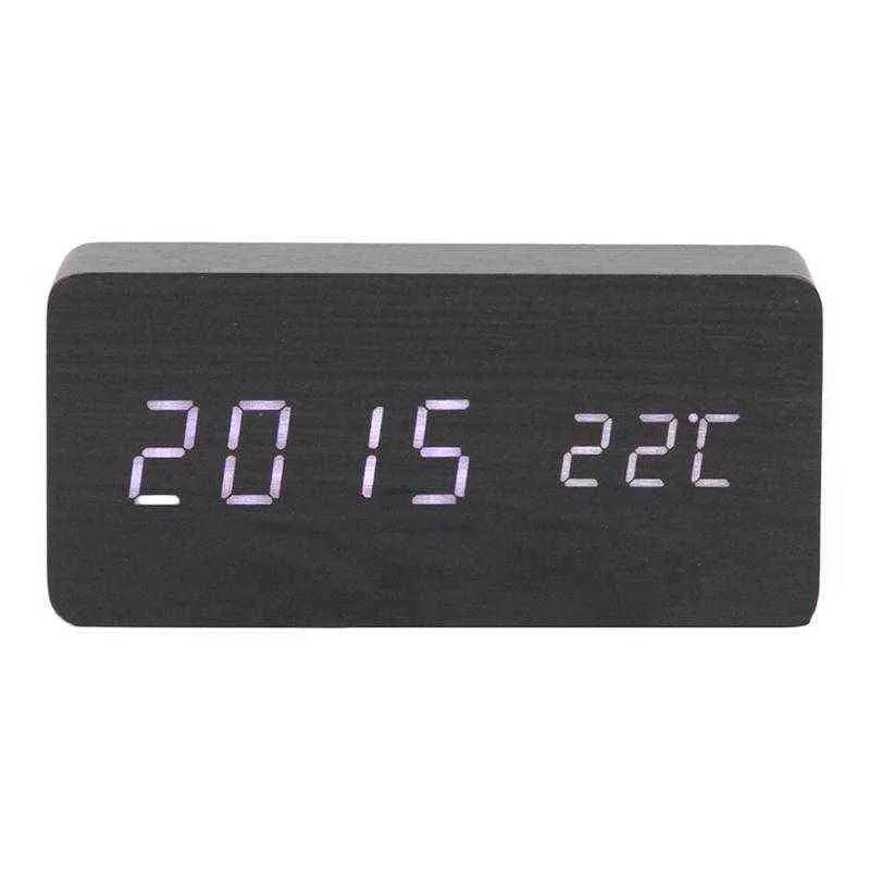 LED Réveil en bois Montre Table Thermomètre numérique Bois Despertador Bureau électronique USB / AAA Alimenté Horloges Table Décor 211112