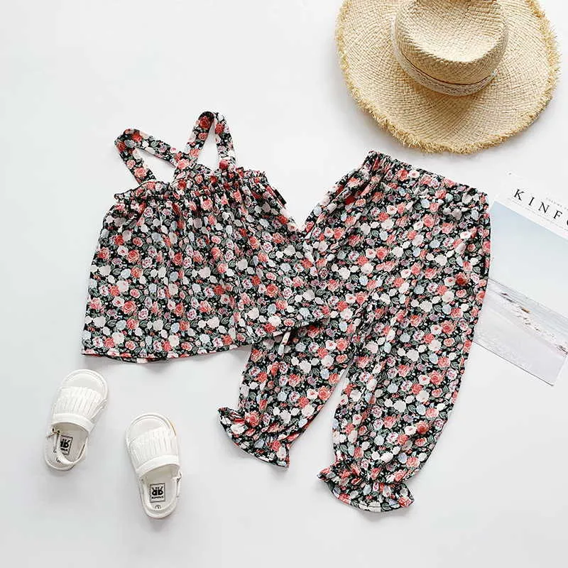 Sommer Kinder Mädchen 2-tlg Sets Floral Sling Shirts + Elastische Taille Anti Moskito Hosen Kinder Kleidung E5218 210610