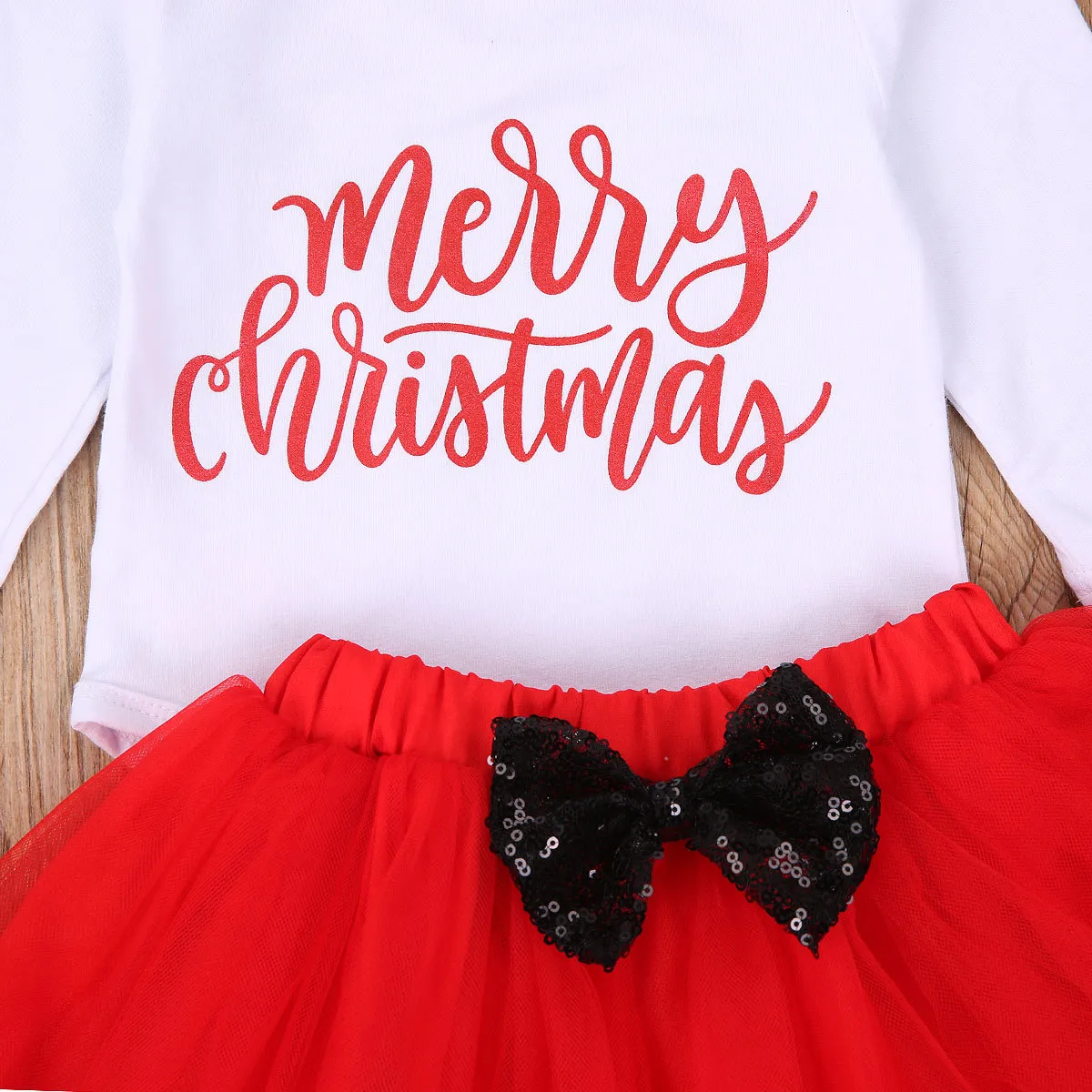 0-24m god jul född spädbarn baby flicka kläder set brev romper båge tulle tutu kjolar xmas röda outfits 210515