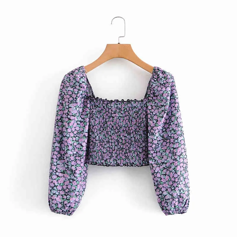 Mulheres Vintage Roxo Floral Impressão Camisa Moda Senhoras Elastic Curta Tops Elegante Feminino Streetwear Quadrado Colar Blusa 210427