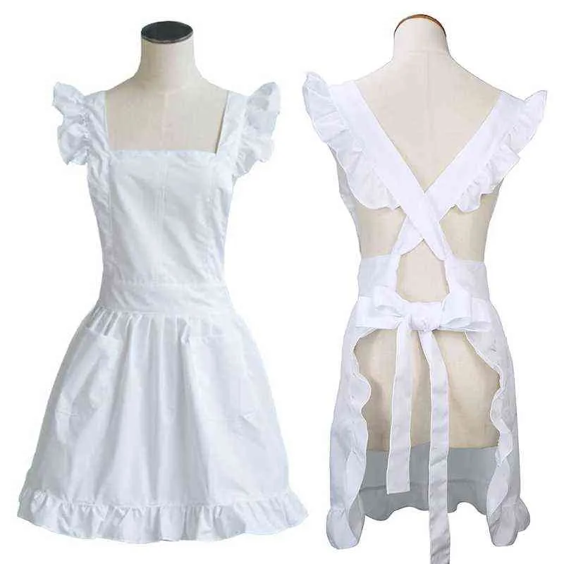 Les filles volontaires pour femmes décrivent un tablier blanc rétro avec des poches ajustées victorien Bib Maid Cosplay Kitchen Baking Costume 211222