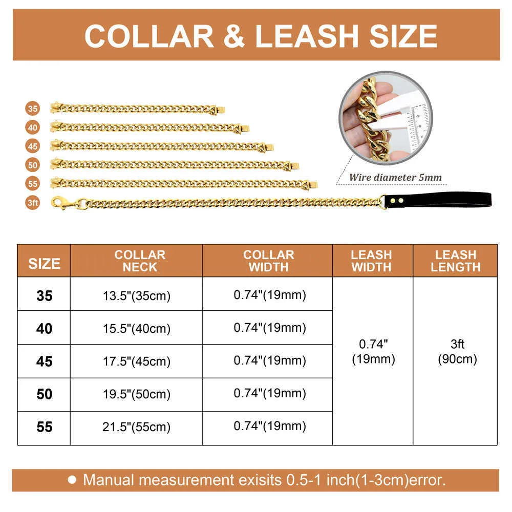 Stainless Steel Metal Gold Dog Accessories Chain Collar Leash Pet Training Collar For Medium Large Dogs Pitbull French Bulldog 210729