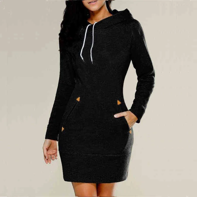 Jesień Bluzy Bluza Elegancki Z Długim Rękaw Kieszonkowy Sportswear Kobiety Długie Kapturem Biuro Lady Solid Color Slim Party Mini Dress Y1204