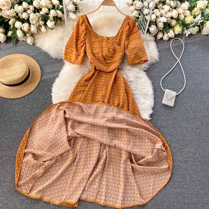 우아한 섹시한 미디 롱 드레스 여성 여름 V-넥 퍼프 슬리브 레트로 폴카 도트 Womens A 라인 인쇄 빈티지 ES 210420