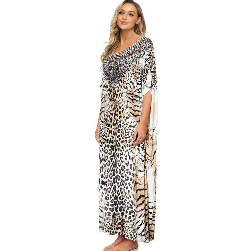 Leopard Print Swimsuit Cover Up Plus Size Bohemian Maxi Dress Pareos de Playa Mujer Kaftan Sarong Tunika för Beach Badkläder 210722
