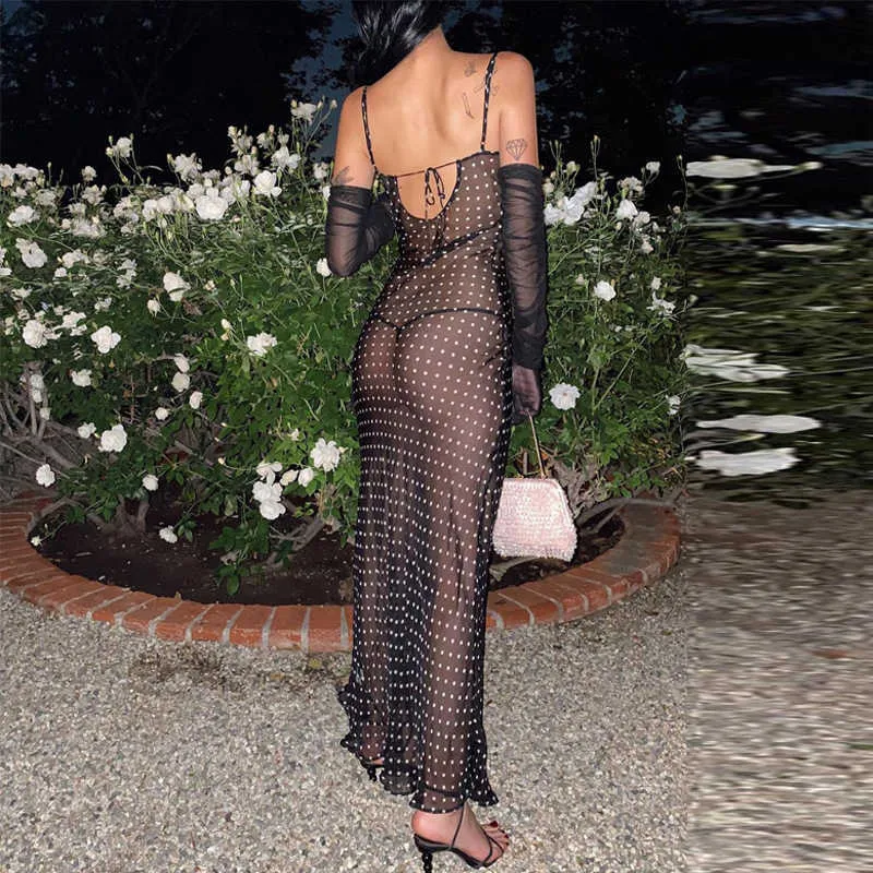 Summer Beach Mesh Chiffon Polka Dot Print Women Strap Maxi Dress Lace Up Bandage See Through Sheer Beachwear Party Club Festival 210709