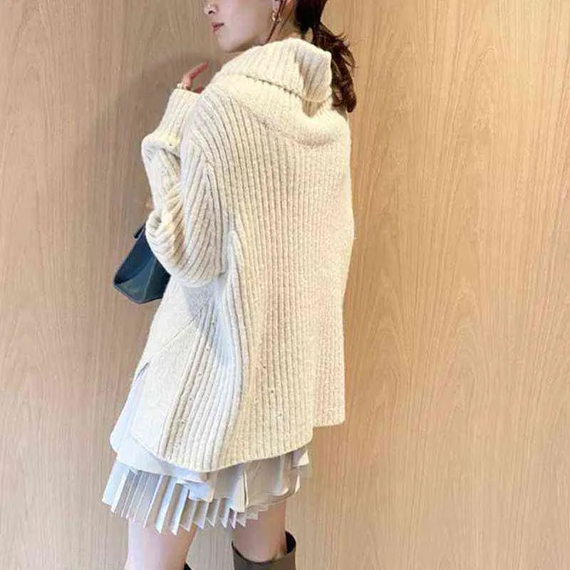 Kuzuwata осень женская одежда высокая шея с длинным рукавом боковая щель вязаный свитер Tops raffled плиссированные платье платье 211109