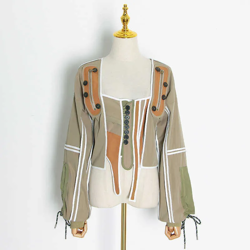 Twtyle 캐주얼 패치 워크 히트 컬러 불규칙 재킷 여성 스퀘어 칼라 랜턴 긴 소매 레이스 최대 여성 코트 211014
