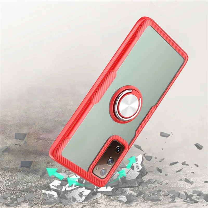 Magnetic Metal Finger Ring ShockoProof Fodral för Samsung Galaxy S20 Fe 5G S20 Lite Transparent Acrylic Protective Back Cover
