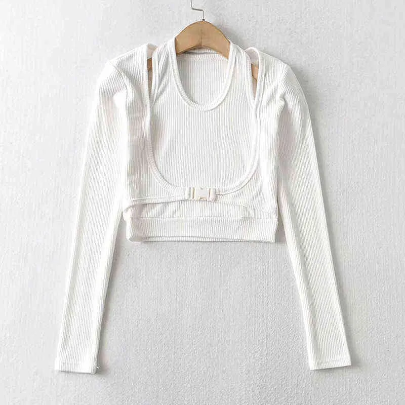 VGH Casual Hollow Out T Shirt For Women O Neck Long Sleeve Sashes Solid Minimalist T Shirts Female Fashion Clothing Spring 211110