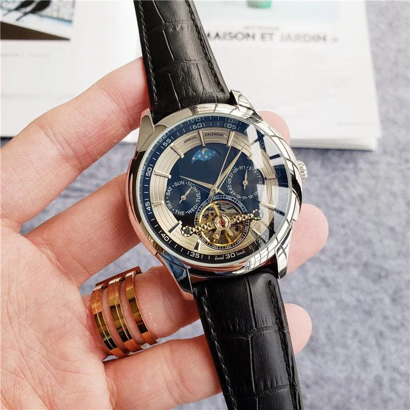 New 45m Automatic Mechanical Wristwatches Tourbillon Moon Phase Watch White Dial Silver Year Month Week Day Leather Stainless Stee2791