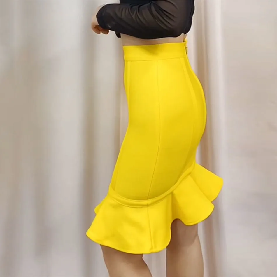 Бесплатные осенние женские женские юбки русалки элегантные желтые высокие талии туго бандажа клубная вечеринка 210524