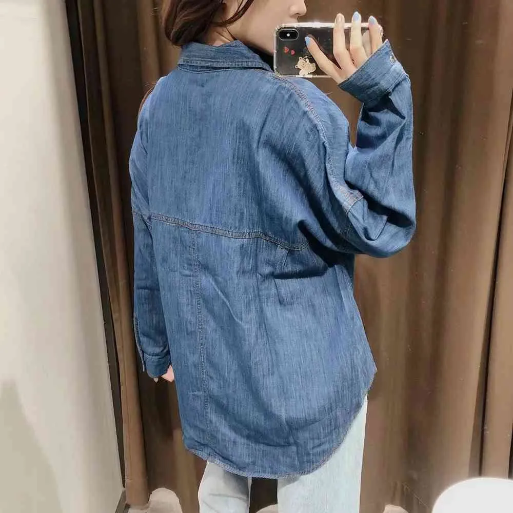 autunno donna camicie in denim stile boyfriend jeans lunghi oversize moda top streetwear button down Alta qualità 210520