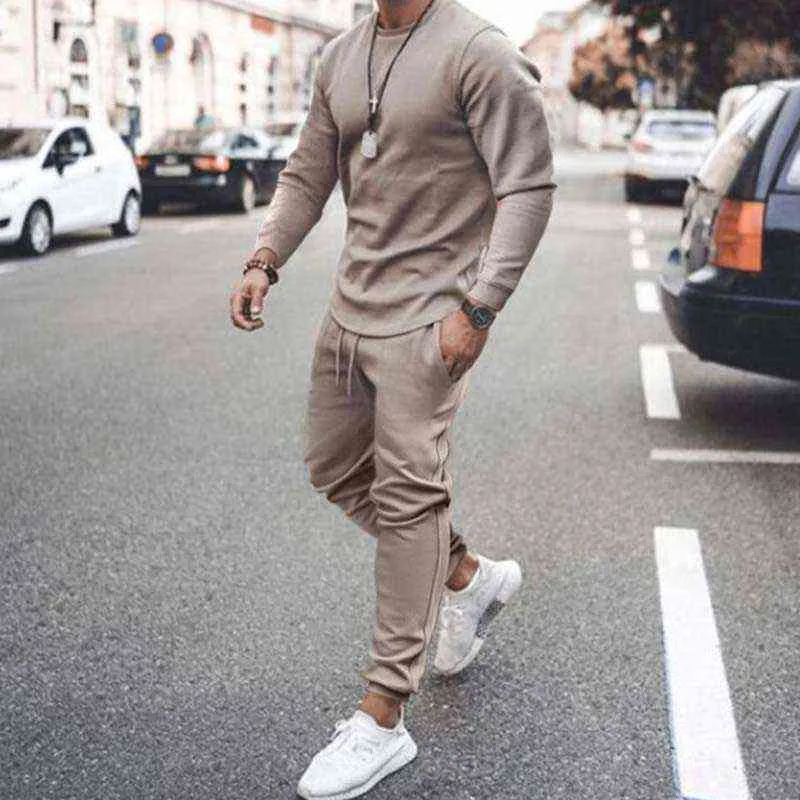 Autumn Sportswear Men's Set Fashion Solid Tracksuit Sports Suits Male Sweatsuit Long Sleeves T shirt +Pants sets 211220