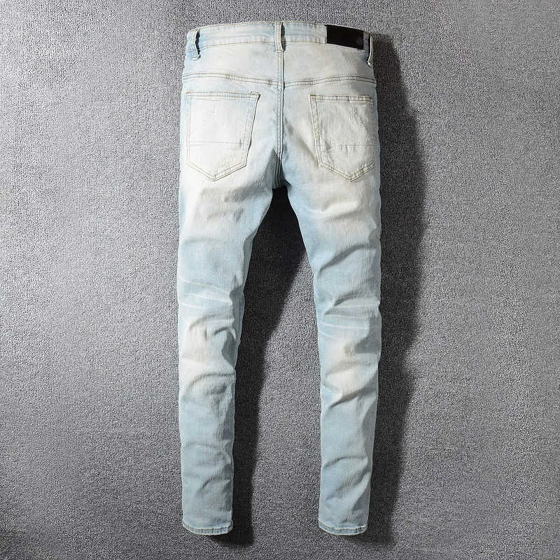 Men's Jeans High street tide brand hole breaking flower patch beggar Beige slim fit small foot elastic personalized jeans