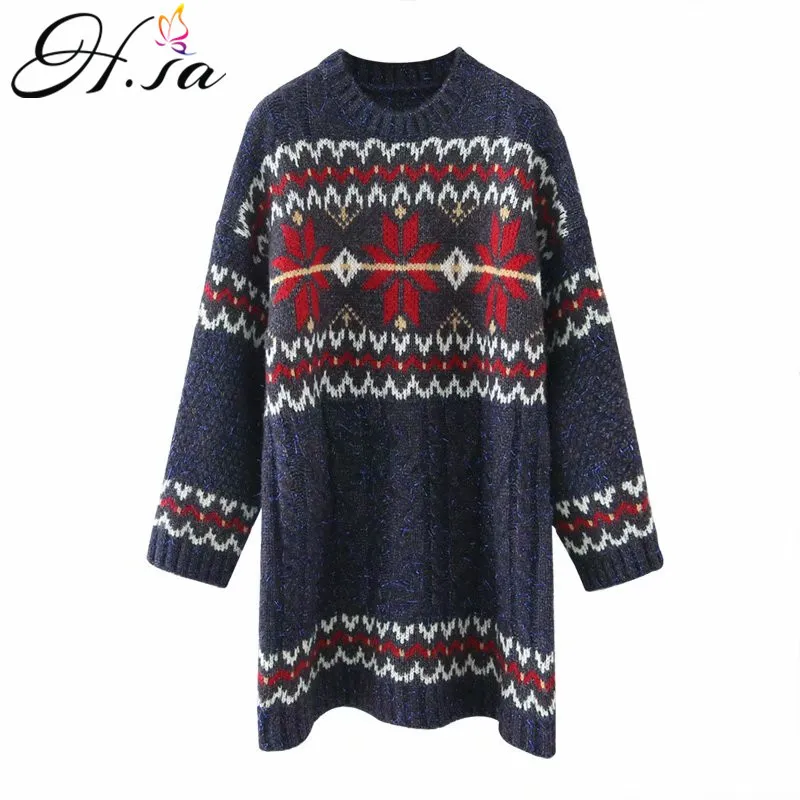H.SA, ropa de invierno para mujer, suéter largo de gran tamaño para Navidad fea, jerséis de rombos de copo de nieve Vintage Retro 210417
