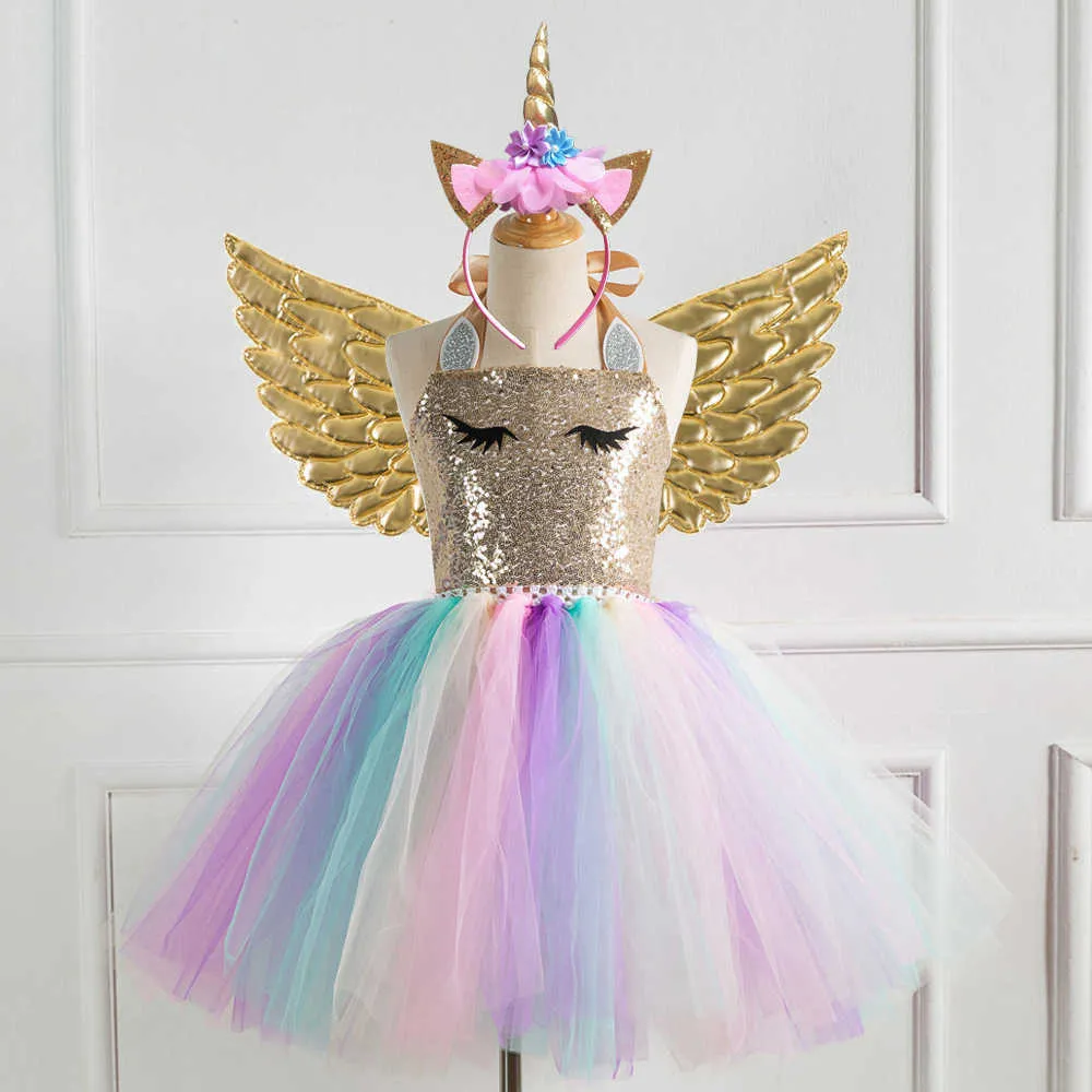 Çocuk Setleri Renkli Sequin Girls 'Dans Elbisesi Gökkuşağı Örgü Prenses Etek Kanatlar