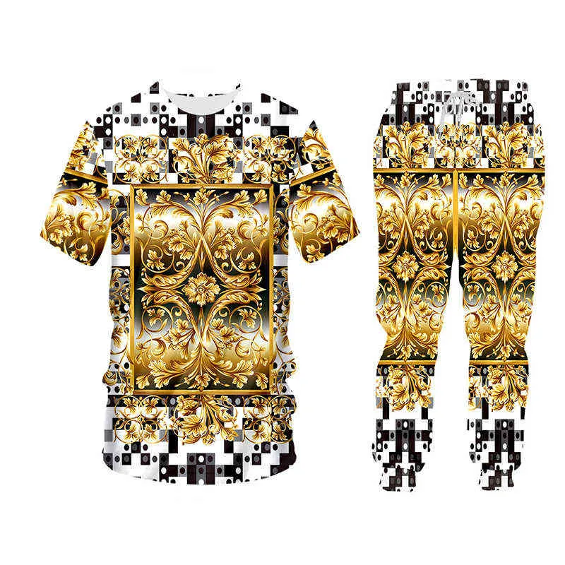 UJWI Summer Set 3D Paint Flower Royal Baroque Stampa manica corta Canotte Pantaloncini Pantaloncini da uomo Palestra Felpa con cappuccio Tee Set G1222