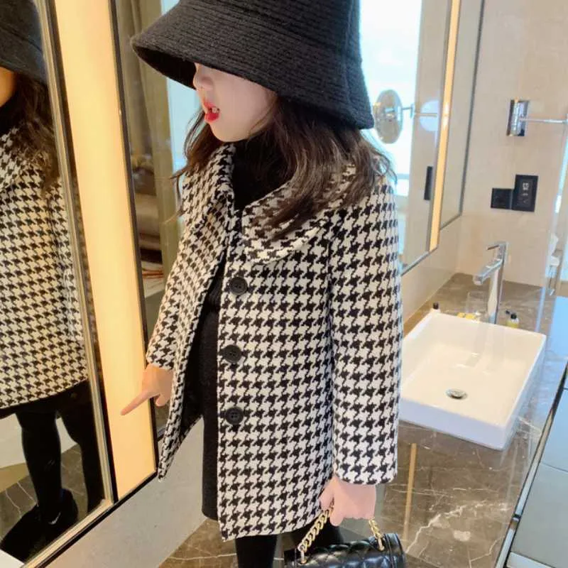 2021 bambina giacca di lana plaid reticolo caldo inverno autunno primavera bambino bavero tweed giacca a vento cappotto di cotone bambini H0910