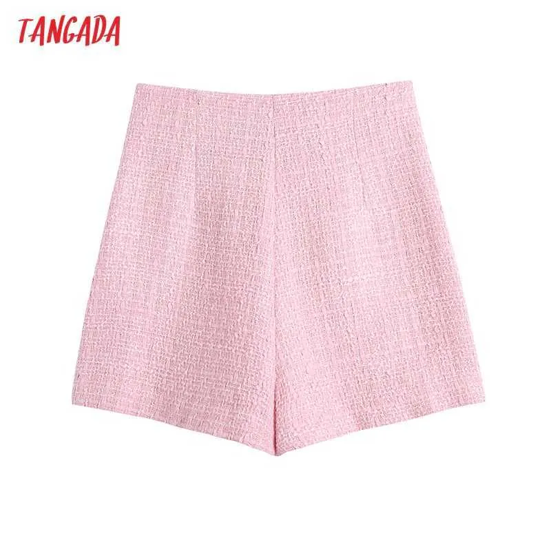 Tangada Women Chic Fashion Pink Tweed Shorts Gonne Vintage Vita alta Cerniera posteriore Gonna femminile Mujer BE756 210609