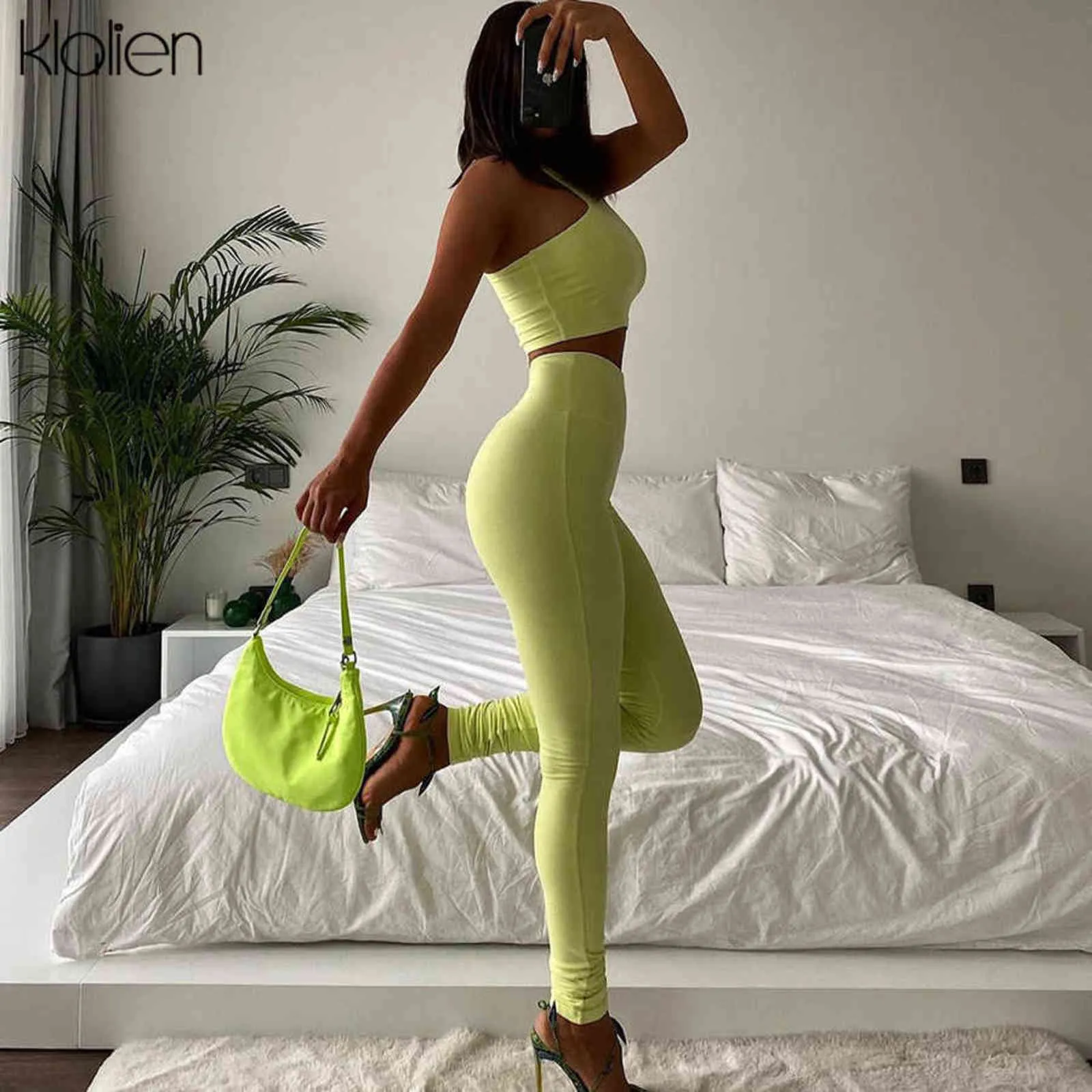 Klaien Summer Solid Slim Stretch Rib Knit Tank Top y pantalones Conjunto a juego Casual Streetwear Mujer Traje 211105