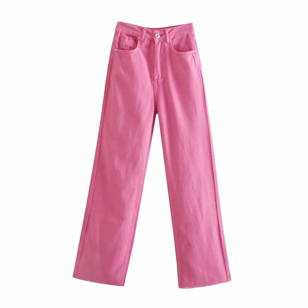 Les femmes za étirent un jean droit lavé pleine longueur taille haute taise large pantalon de jean poche pantalon de mode lâche 210715