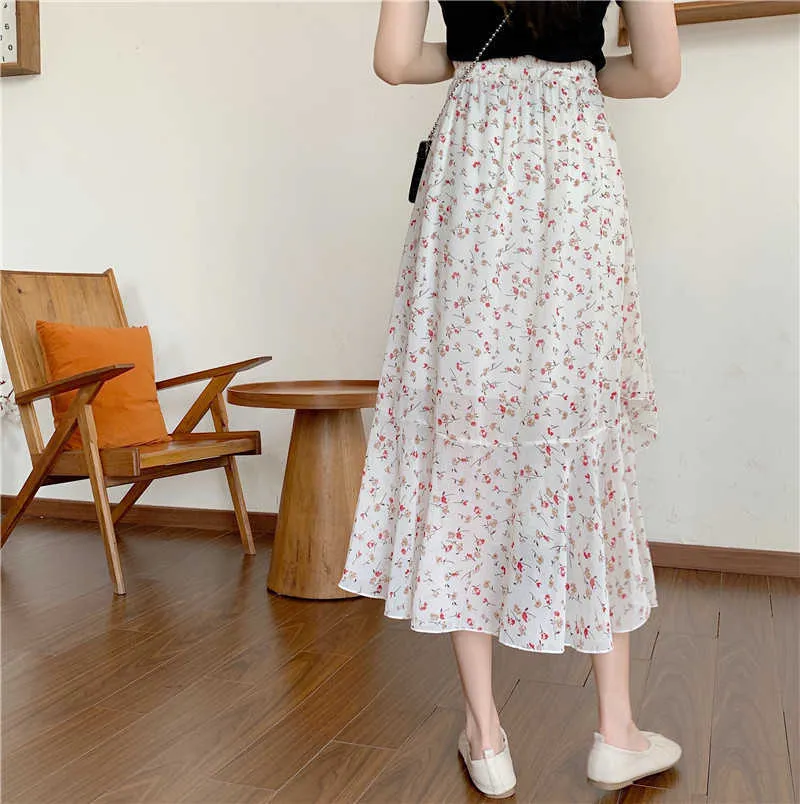 Koreaanse stijl floral paars print ruche geplooid lange rokken zomer vrouwen streetwear trekkoord elastische taille Midi rok 210529