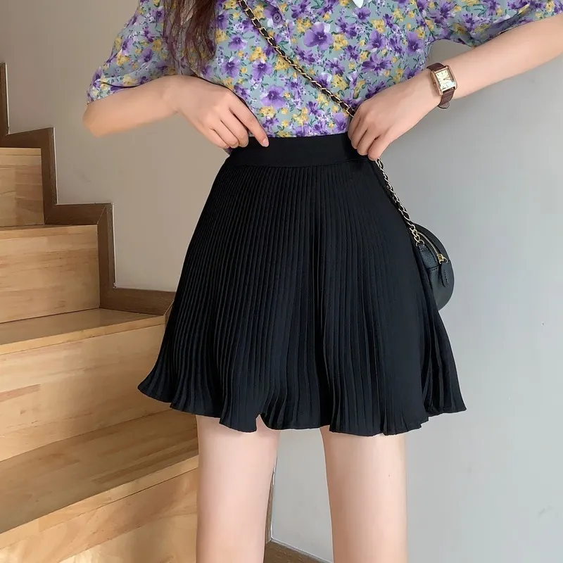 エズガガプレッピースタイルハイウエストスカート女性ビンテージAラインエレガントな韓国のファッションソリッドオールマッチレディースプリーツスカートCasaul 210430