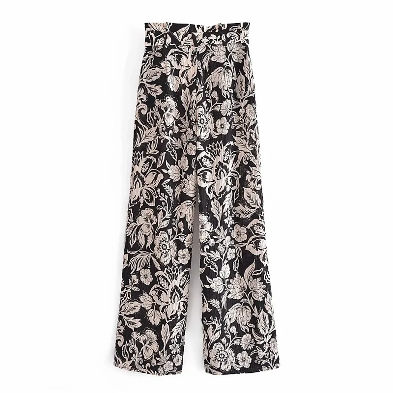 Damesbroek riem zwart print hoge getailleerde broek voor vrouwelijke vintage baggy rechte wijde been vrouw zip fly 210519